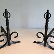 Pair of Neoclassical Fire Dogs in Wrought Iron with Twisted Columns, Finials
