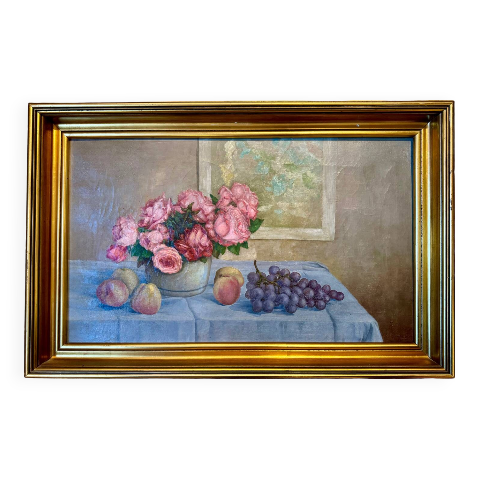 Old painting, Still life or roses and fruits, early 20th century