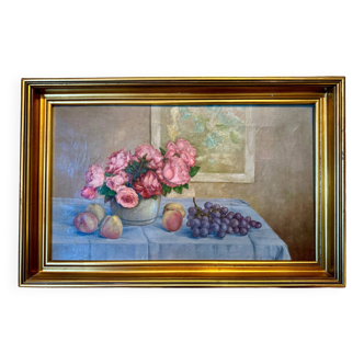 Old painting, Still life or roses and fruits, early 20th century