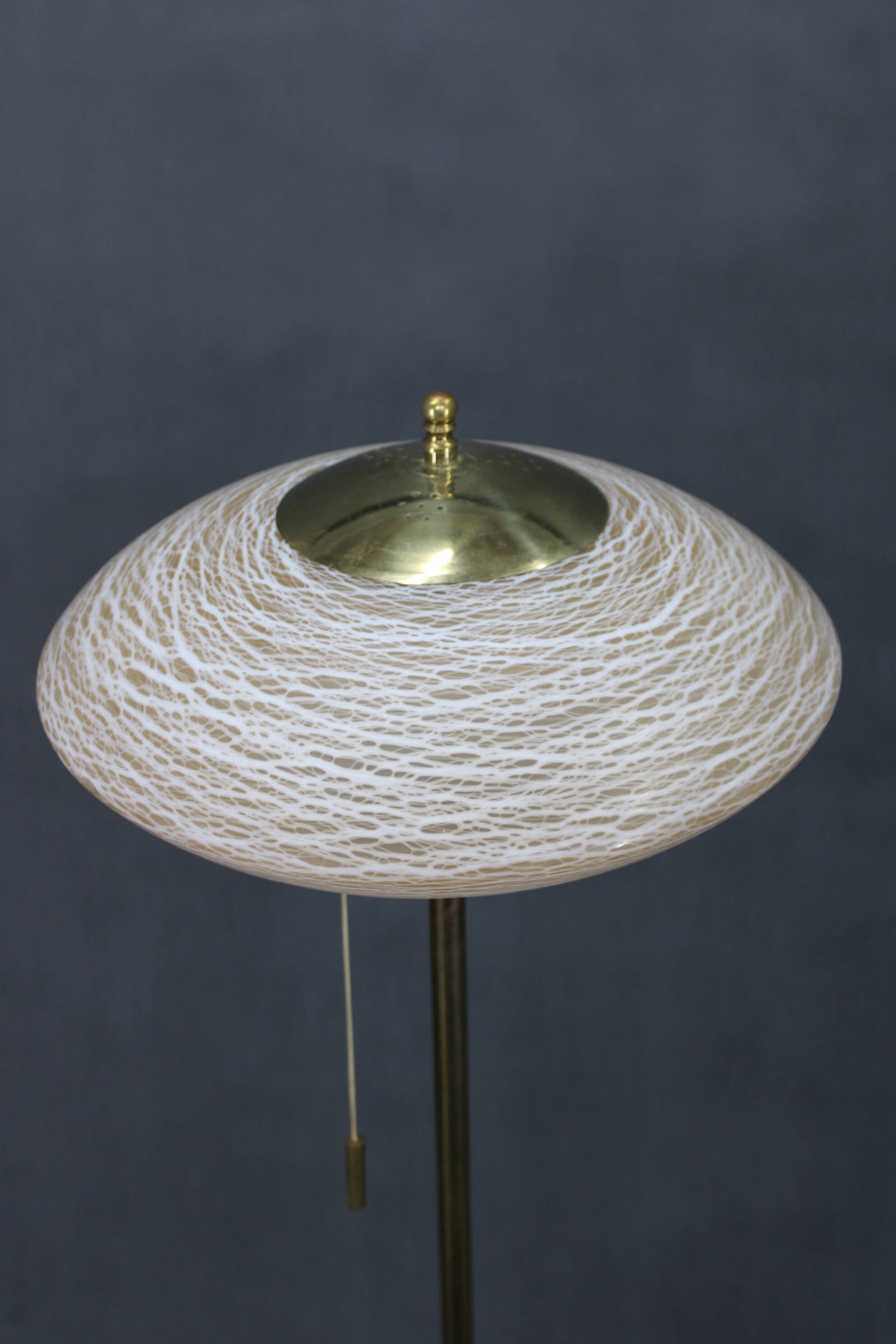 1940s Restored Brass Floor Lamp with  Glass Shade