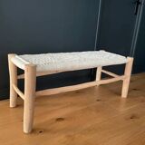Handcrafted bench in woven raw wood and ecru cotton