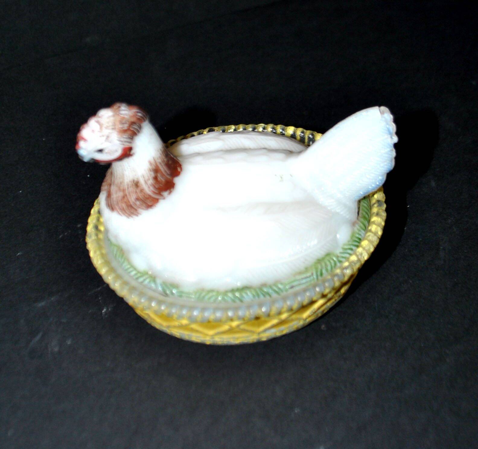 Portieux painted opaline glass hen candy box