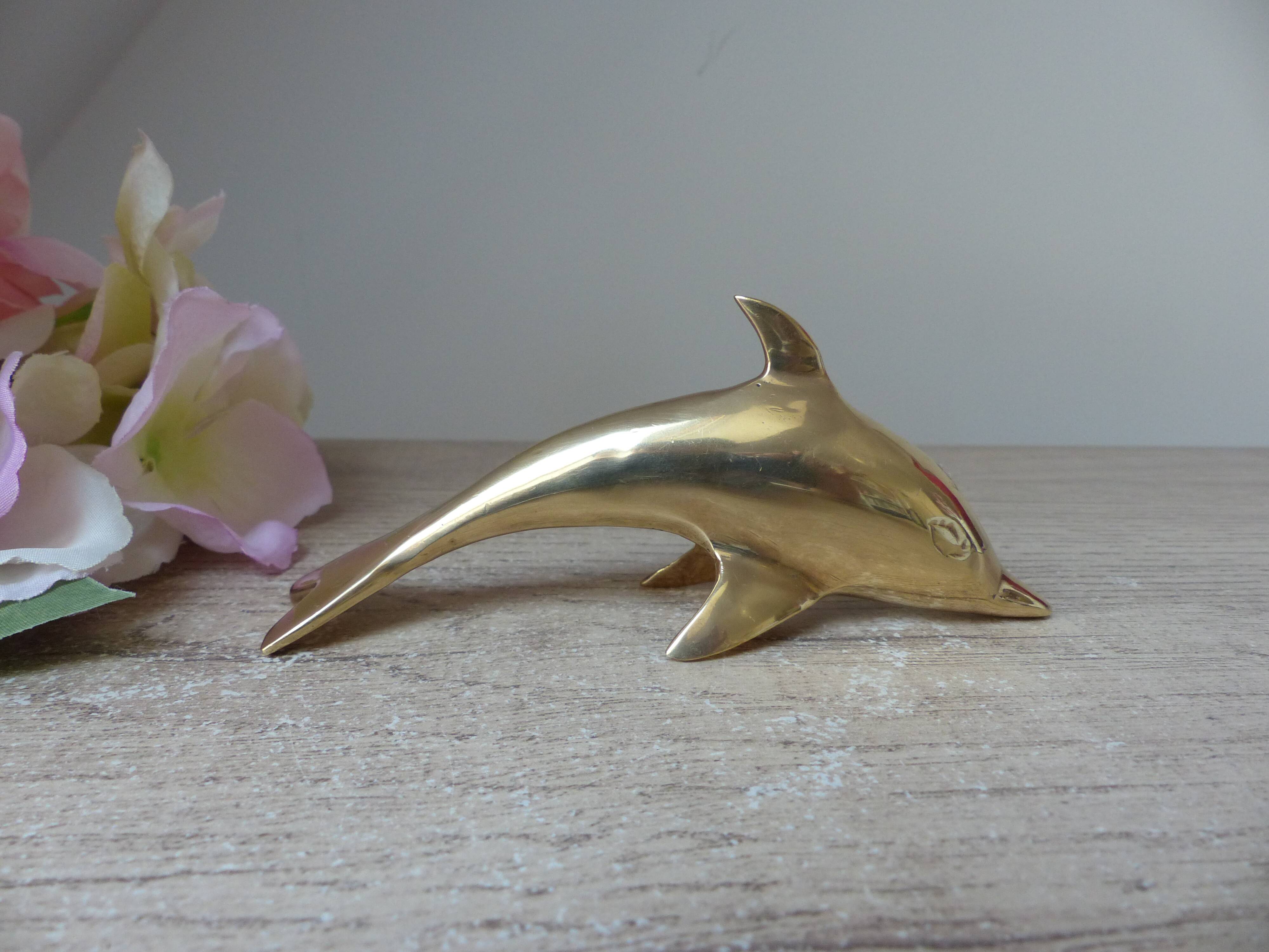 Golden Brass Dolphin Figurine, Dolphin Paperweight Desk Decoration