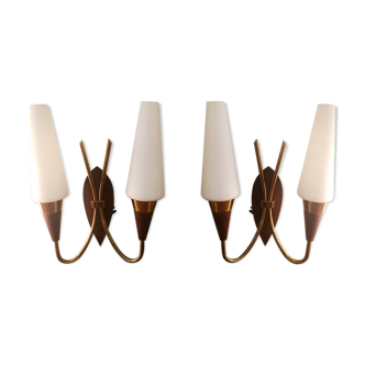 Pair of Scandinavian, teak, brass and opaline, 1960