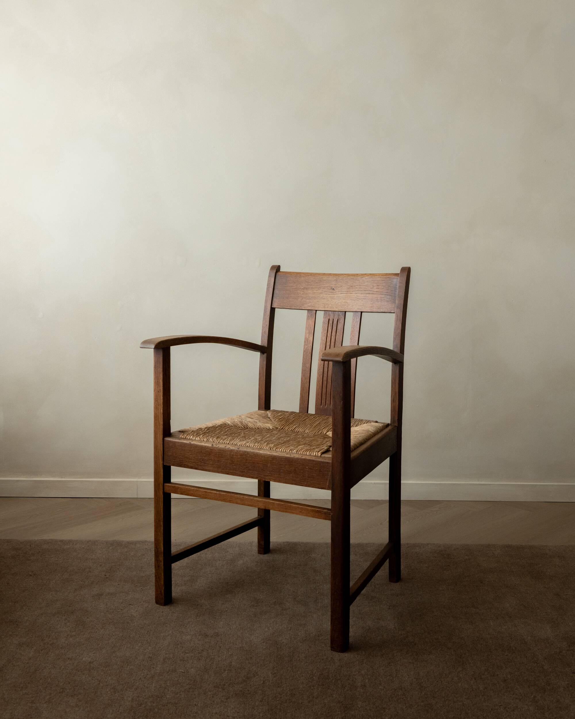 Dutch Art Deco Oak and Rush Armchair, Amsterdam School, 1920s