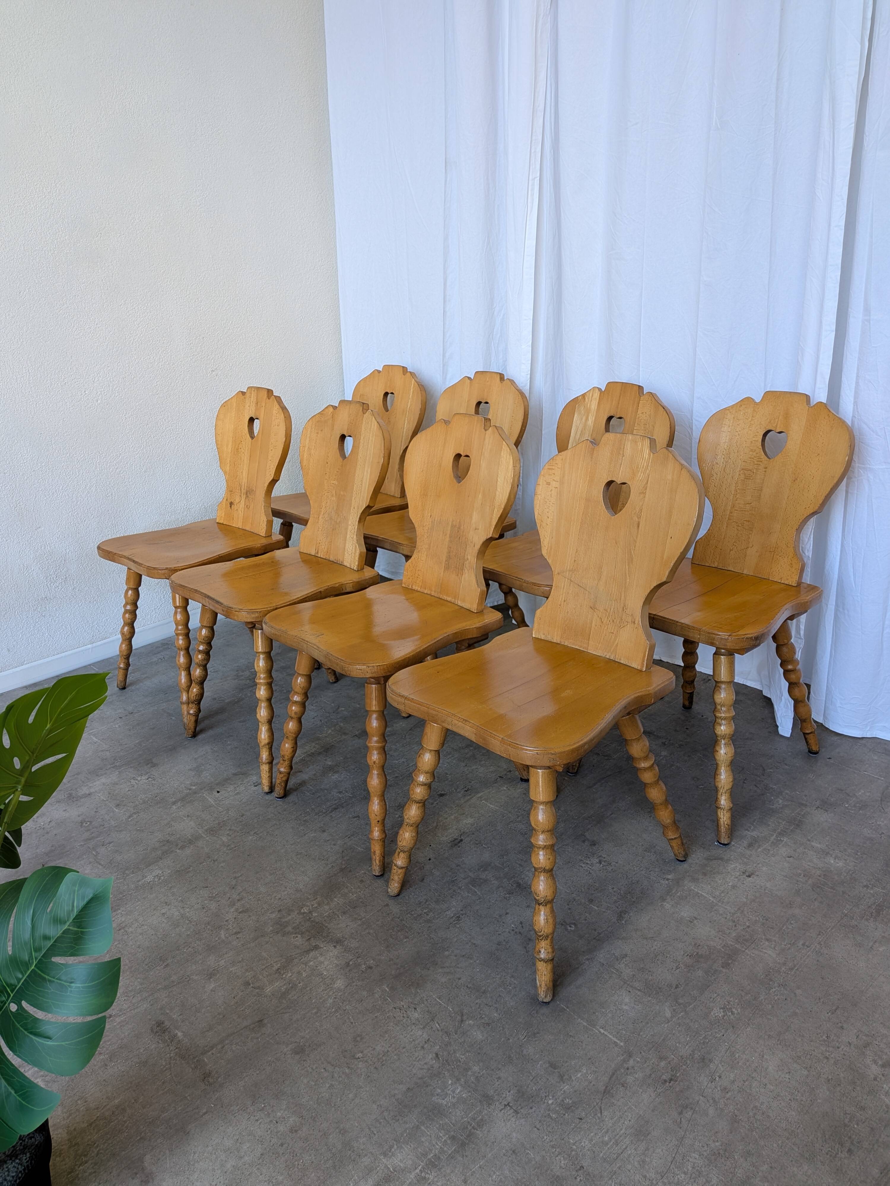 Set of 8 Vintage Tyrolean Heart Cutout Wooden Dining Chairs, Rustic Farmhou