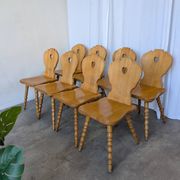 Set of 8 Vintage Tyrolean Heart Cutout Wooden Dining Chairs, Rustic Farmhou