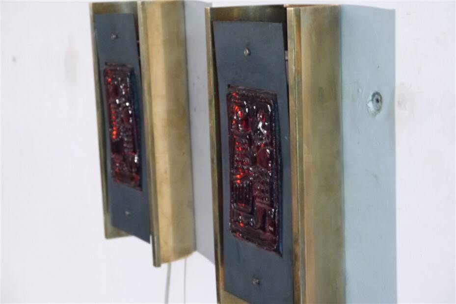 Pair of Scandinavian brass and glass wall lights by Erik Hoglund