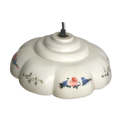 Suspension ancienne bakélite blanc dessin fleurs cuisine années 70 vintage