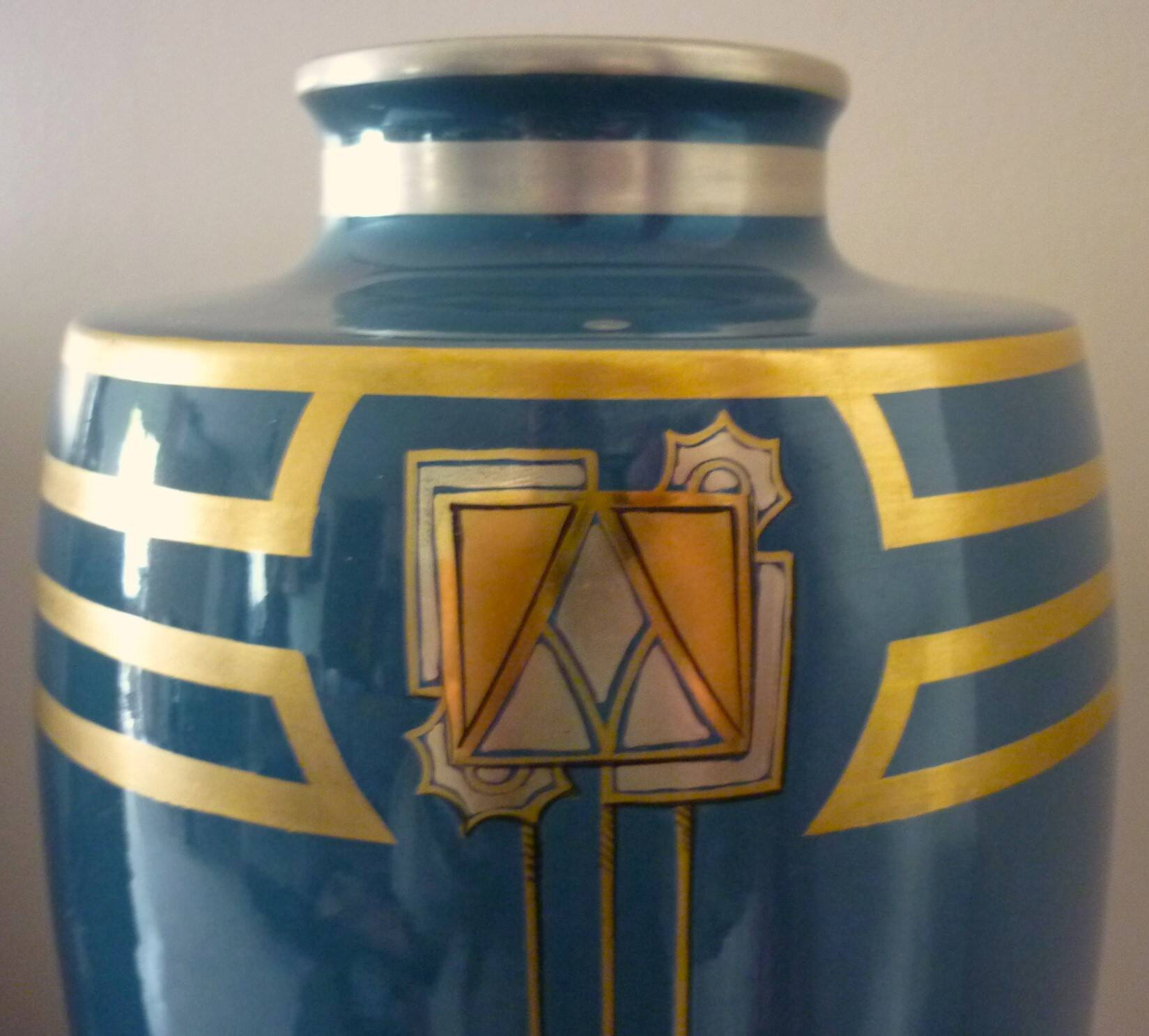 Large vase in enamelled ceramic, gold, silver, art deco, signed Pinon-Heuzé
