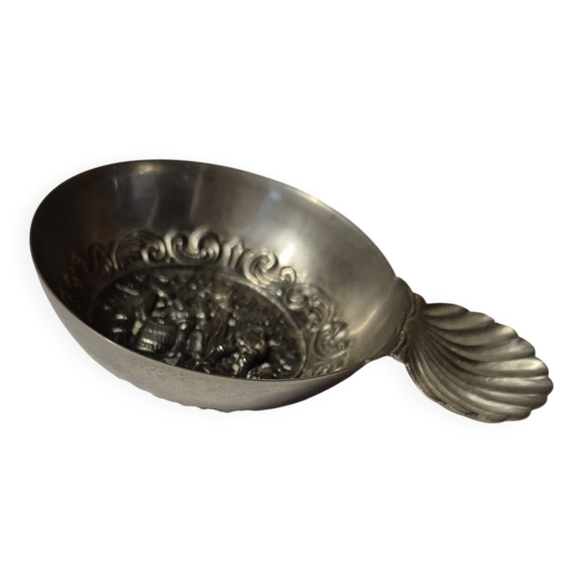 Antique silver-plated metal tastevin with tavern scene decor and shell handle