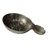 Antique silver-plated metal tastevin with tavern scene decor and shell handle