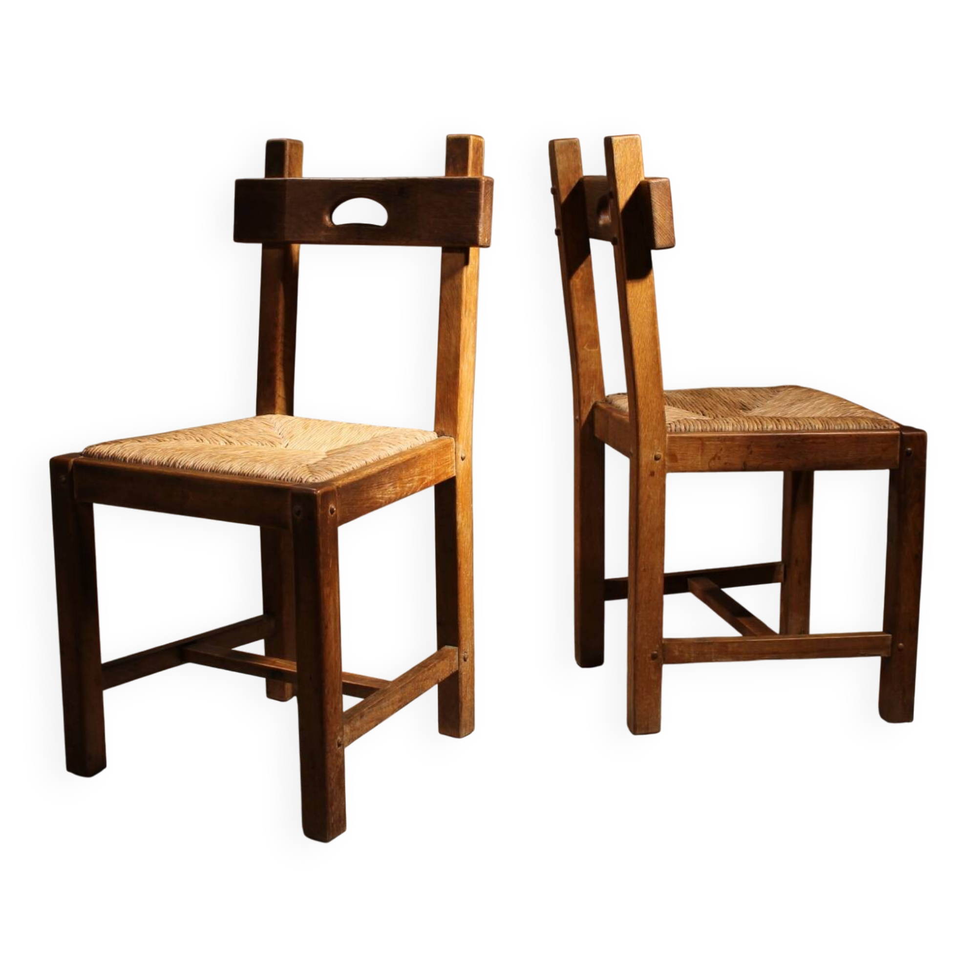 Brutalist Pair of Oak & Rush Chairs | Europe 1960s
