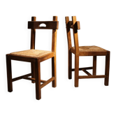 Brutalist Pair of Oak & Rush Chairs | Europe 1960s