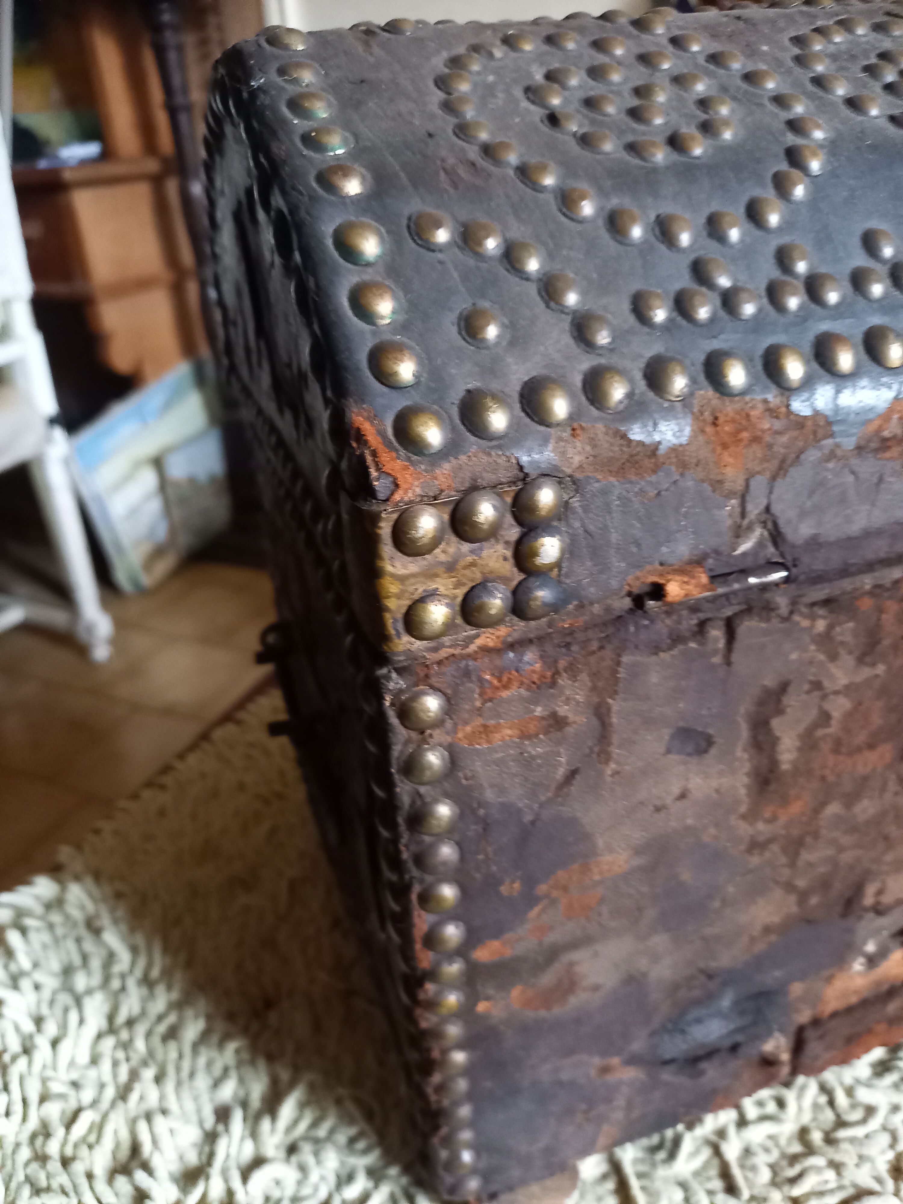 Old chest wood and studded leather