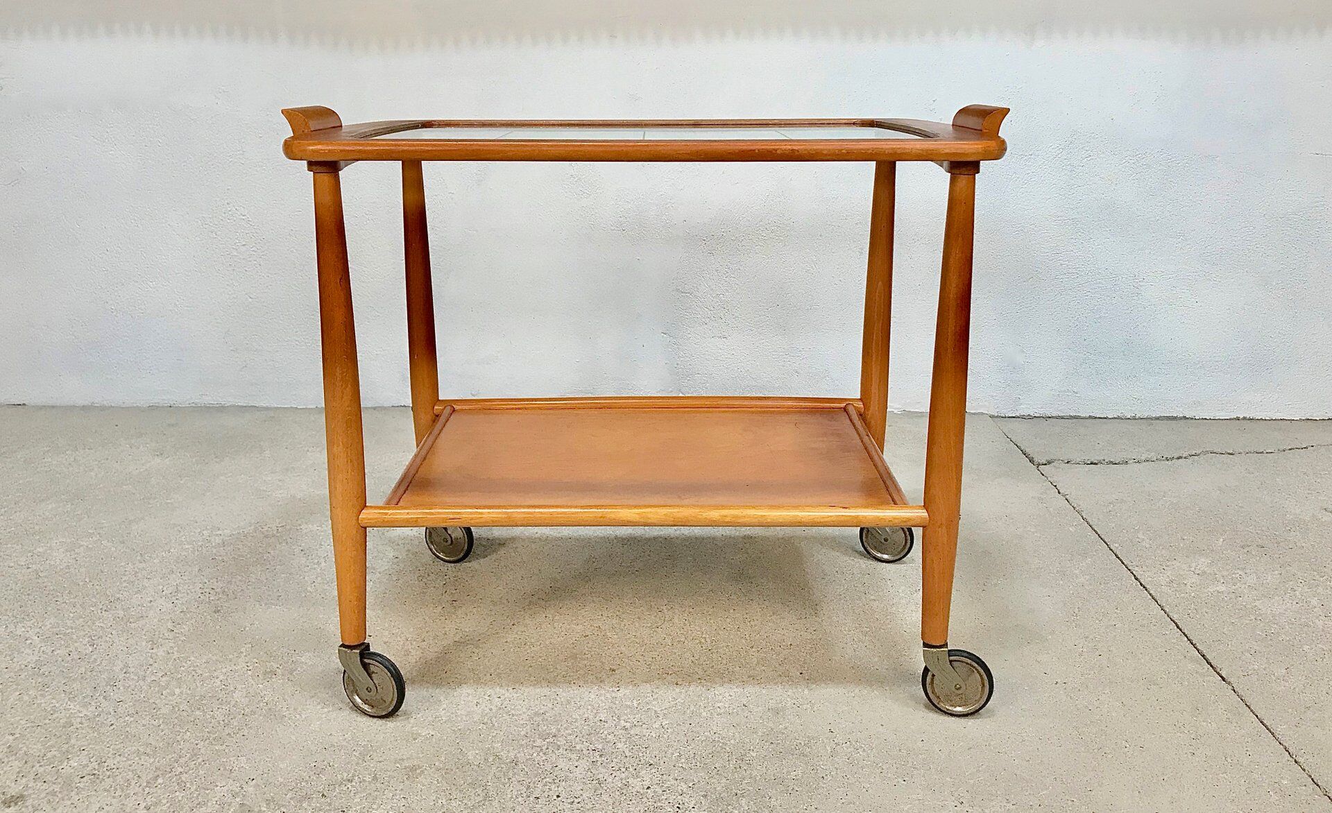 Mid-Century Modern Beech, Glass & Brass Serving Trolley, Germany 1950s