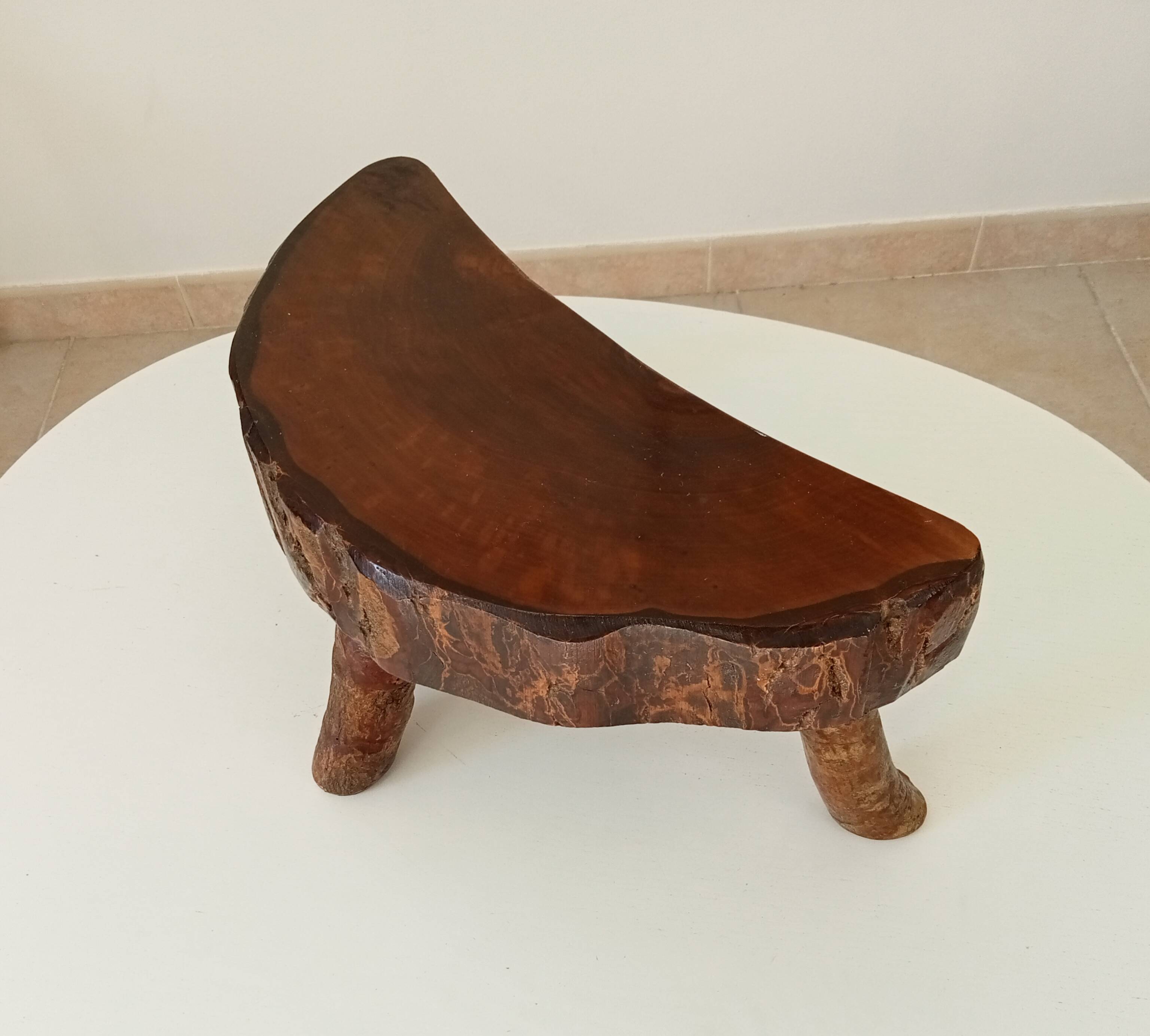 Vintage brutalist tripod stool in solid olive wood