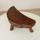 Vintage brutalist tripod stool in solid olive wood