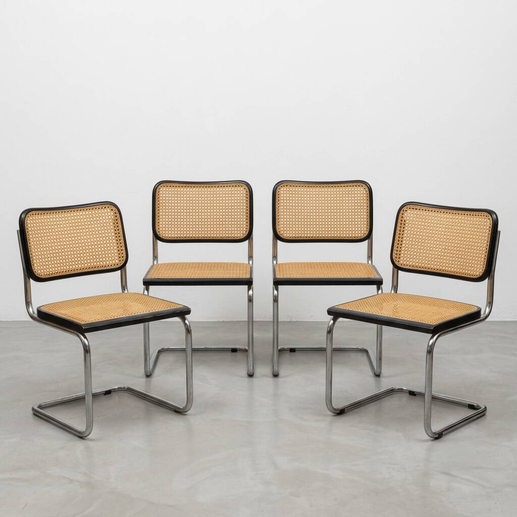 Set of 4 black Cesca B32 chairs by Marcel Breuer, Italy, 1980s.