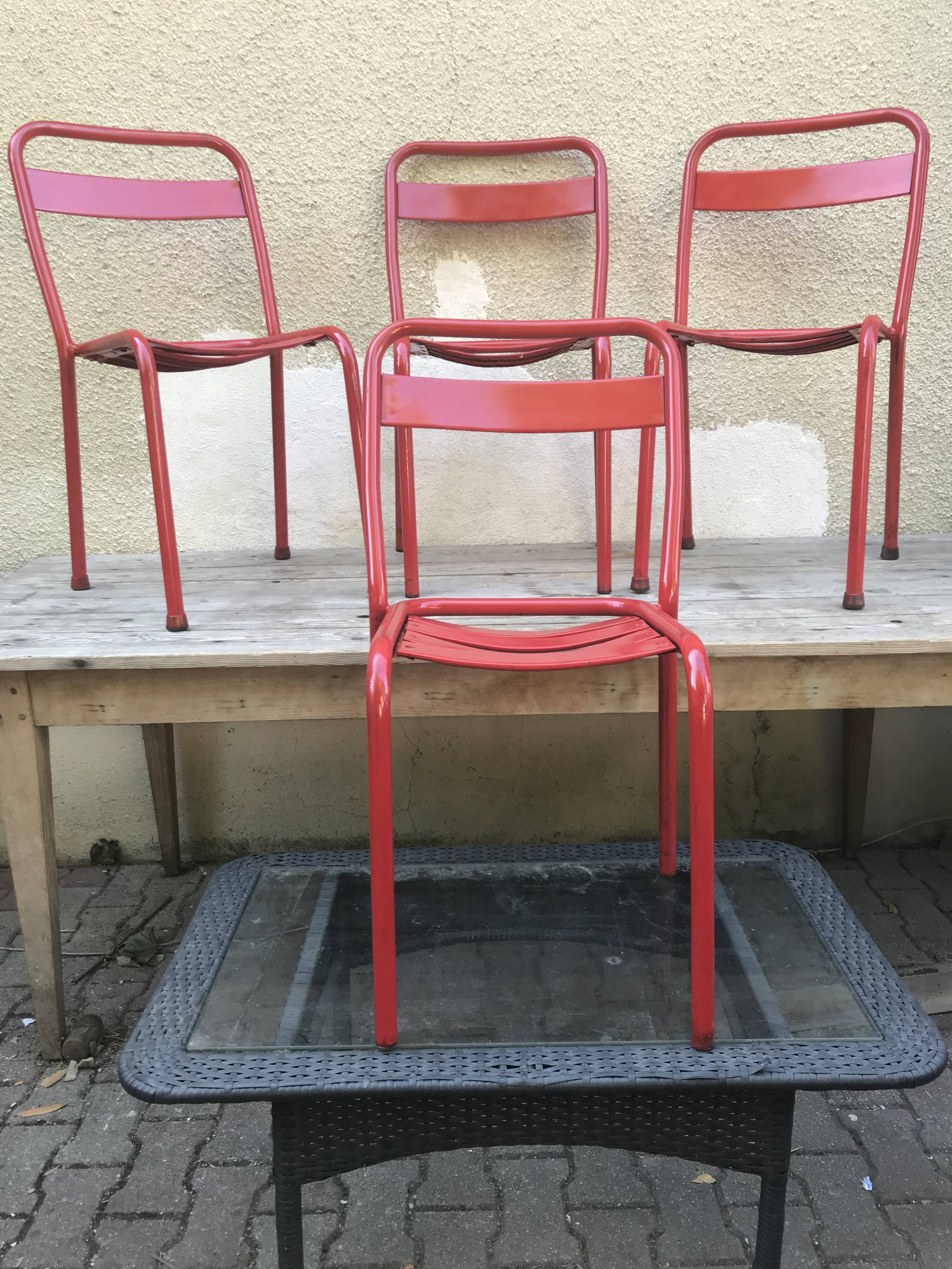 Set of 4 chairs old Tolix T1 metal stackable red vintage