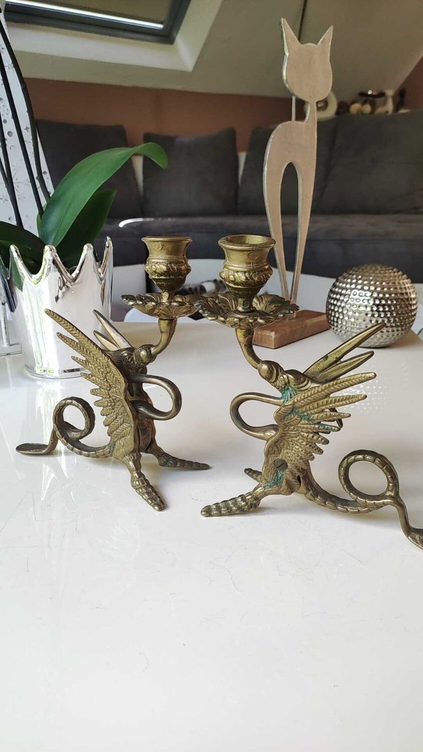 Pair of bougeoirs antiques dragons winged / chimeras / phoenix, style napoleon iii, 19th. in gilded bronze