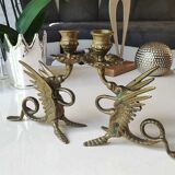 Pair of bougeoirs antiques dragons winged / chimeras / phoenix, style napoleon iii, 19th. in gilded bronze