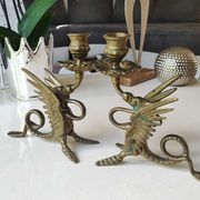 Pair of bougeoirs antiques dragons winged / chimeras / phoenix, style napoleon iii, 19th. in gilded bronze