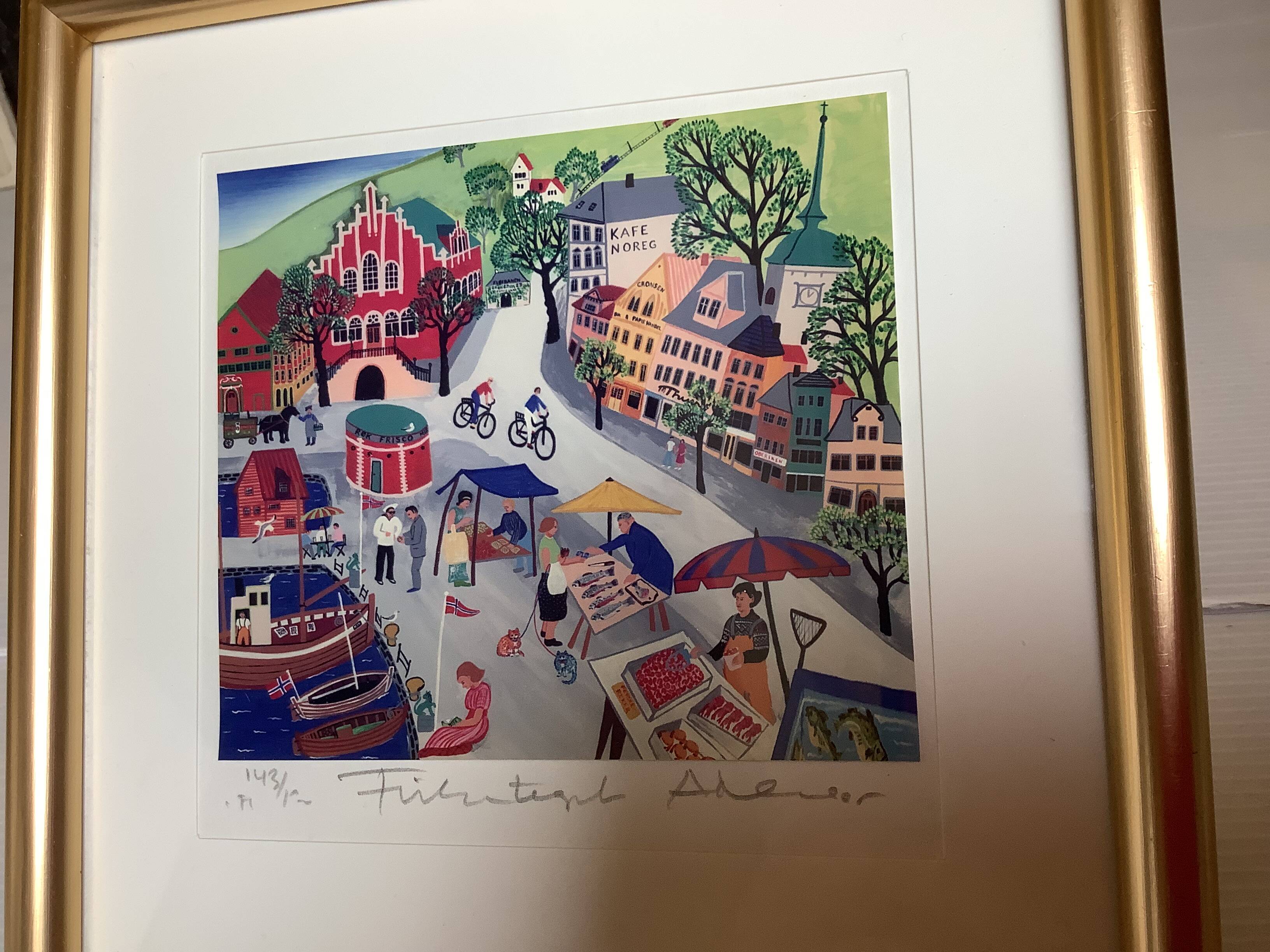 Lithograph illustration by Arvid Norendal of the market in Bergen.