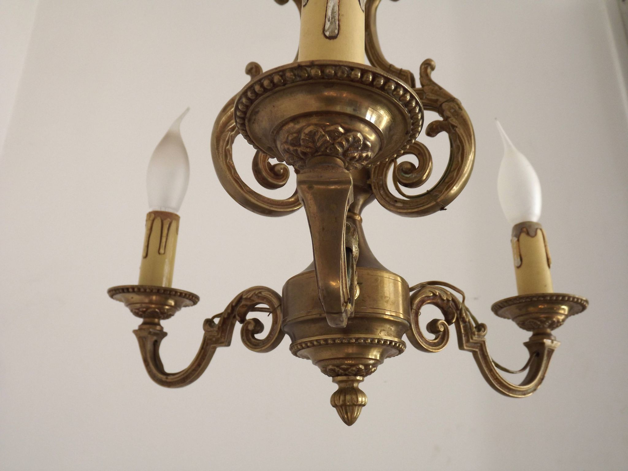 French Vintage Bronze Art Nouveau Style 3-Light 3-Sided Cage Chandelier