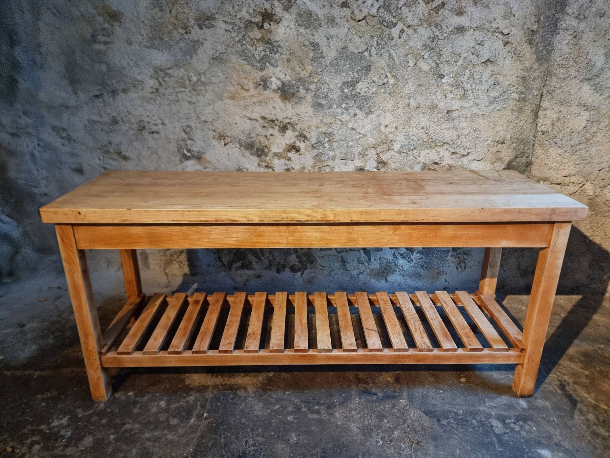 Old French baker's table – kitchen island / work table in solid chestnut with drawers.