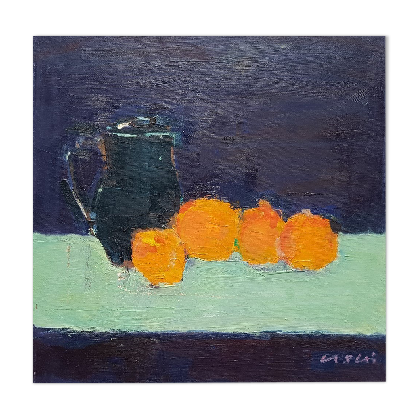 Nagao Usui painting: "Still life with pitcher and oranges"