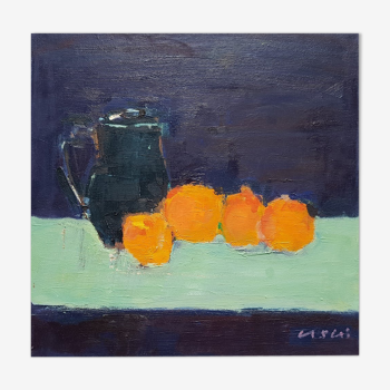 Peinture de Nagao Usui : "Nature morte au pichet et oranges"