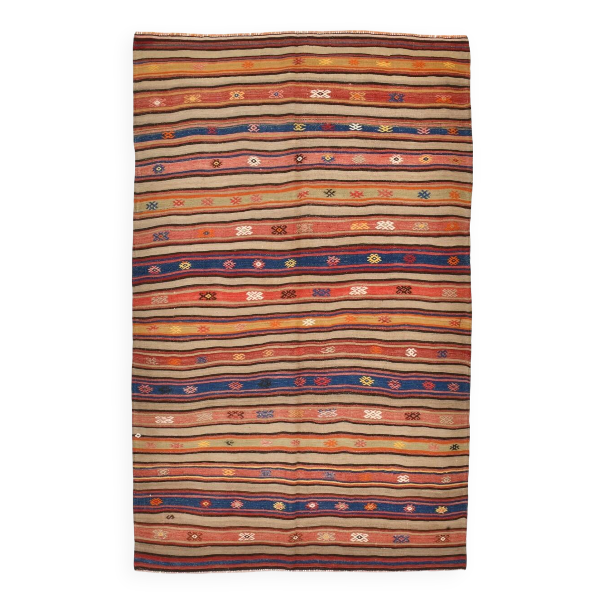 5x8 Wool Kilim Rug, Handwoven Blue & Red Wool Kilim Rug, 143x230Cm