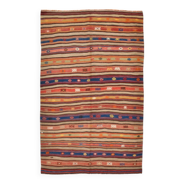 5x8 Wool Kilim Rug, Handwoven Blue & Red Wool Kilim Rug, 143x230Cm