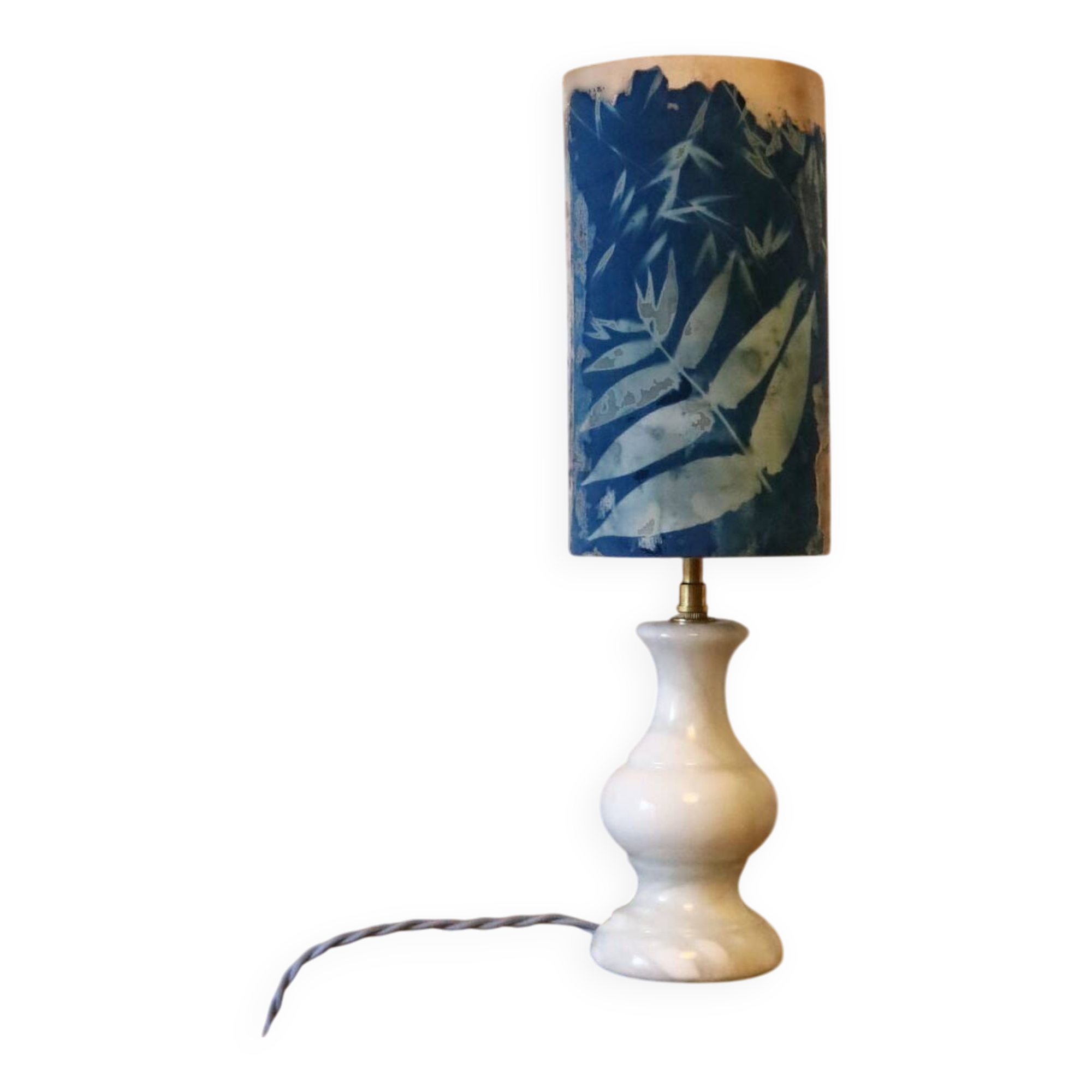 Blue alabaster floor lamp and handmade cyanotype lampshade