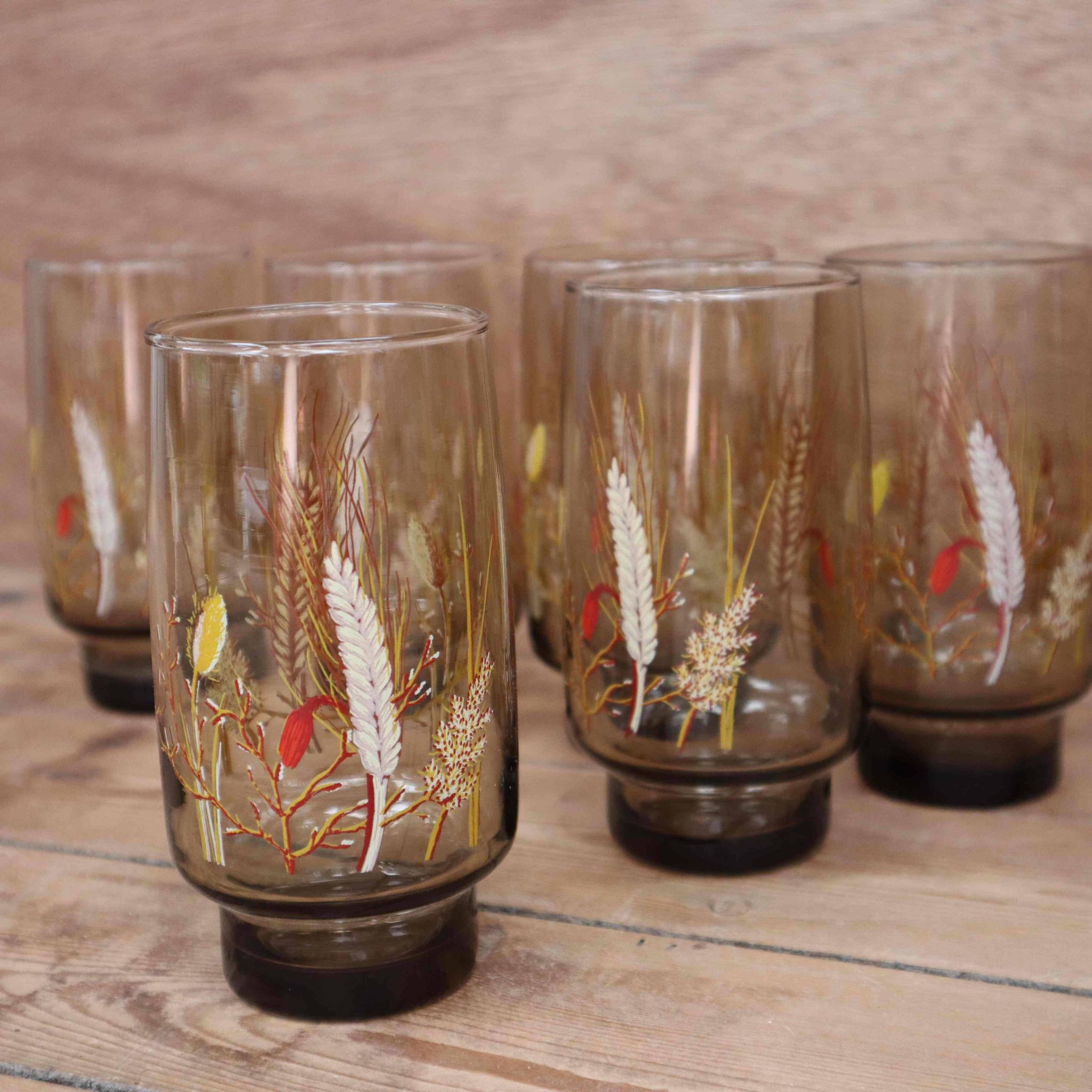 Set of 6 Orangeade Glasses and Smoked Pitcher with Arcoroc Ear of Wheat Decor