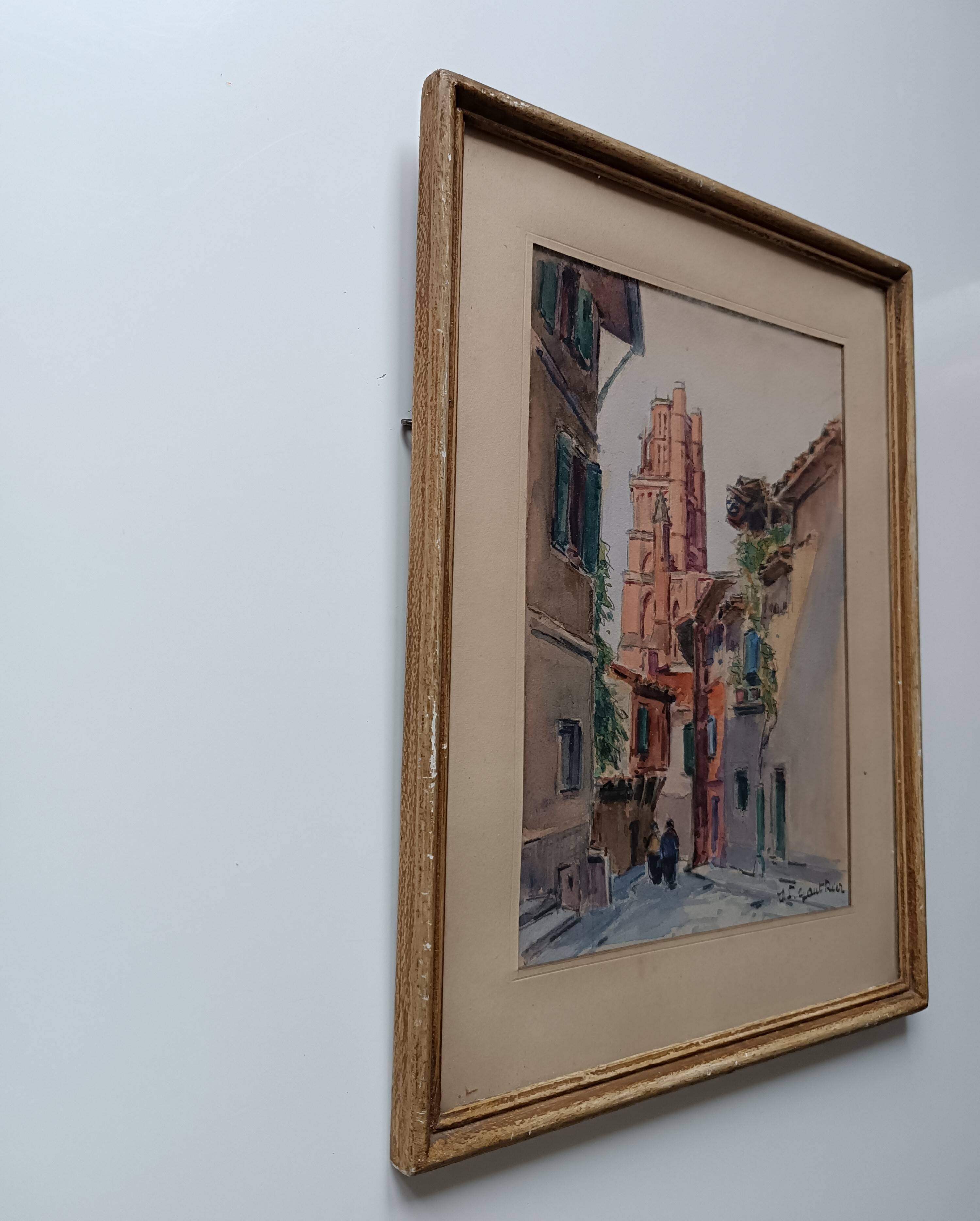 Signed watercolor painting View of Albi Cathedral