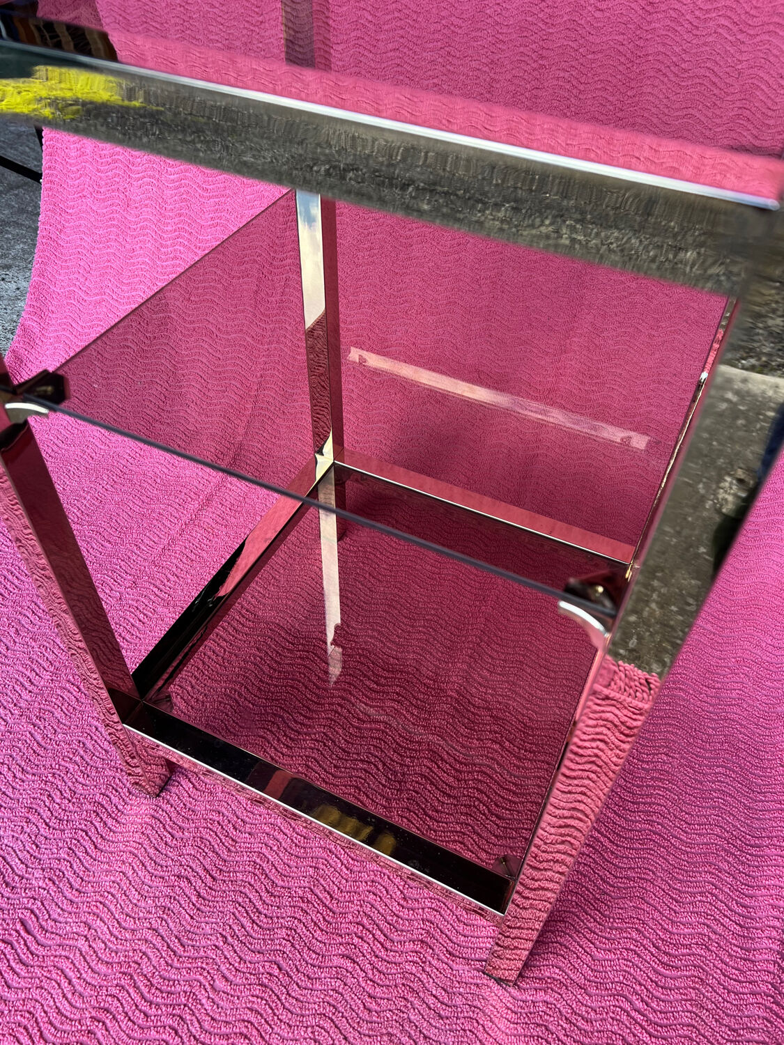Vintage 1970 coffee table square gold bright square tube 3 platters