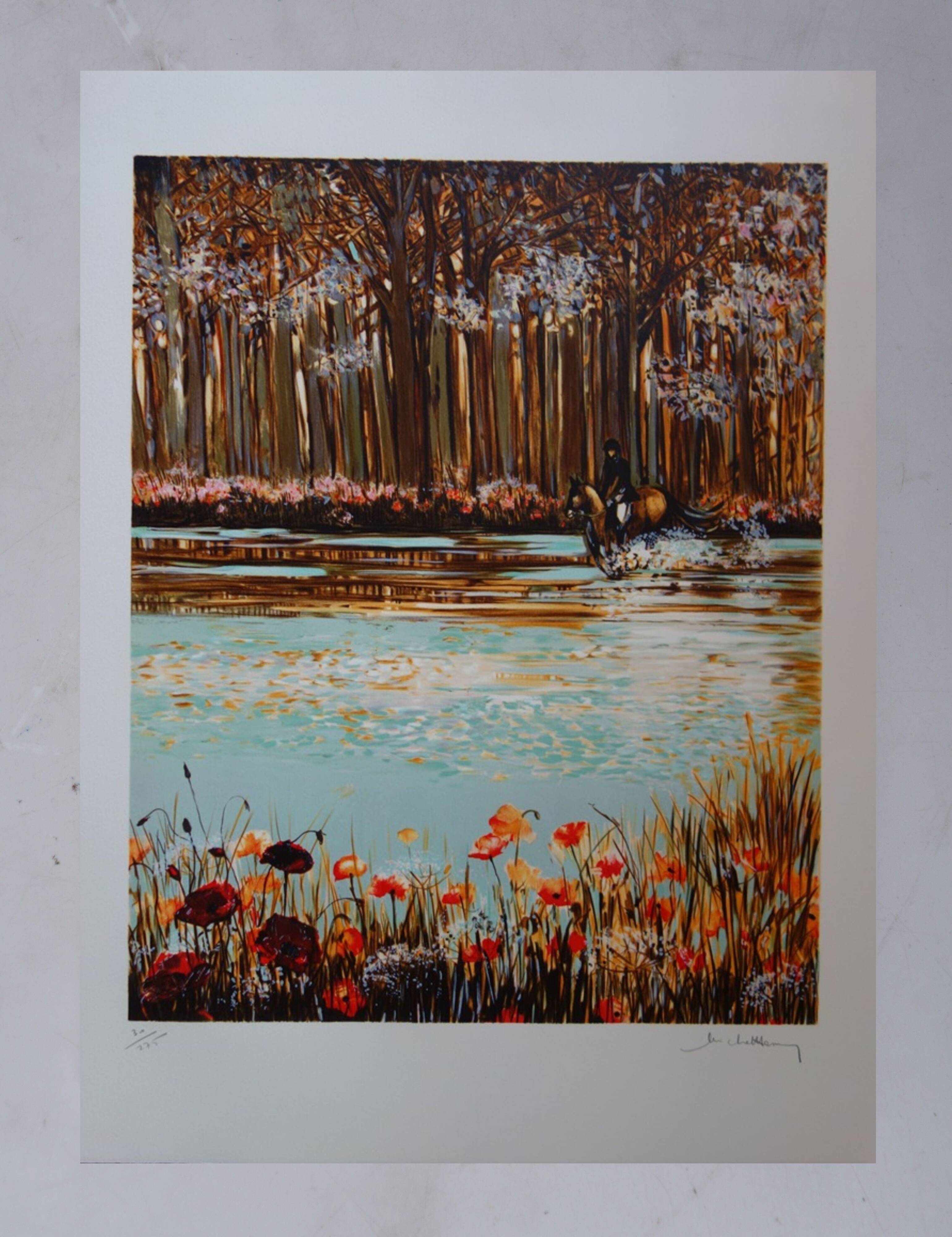 Michel Henry : Cavalier dans le sous-bois aux coquelicots, lithographie originale signée