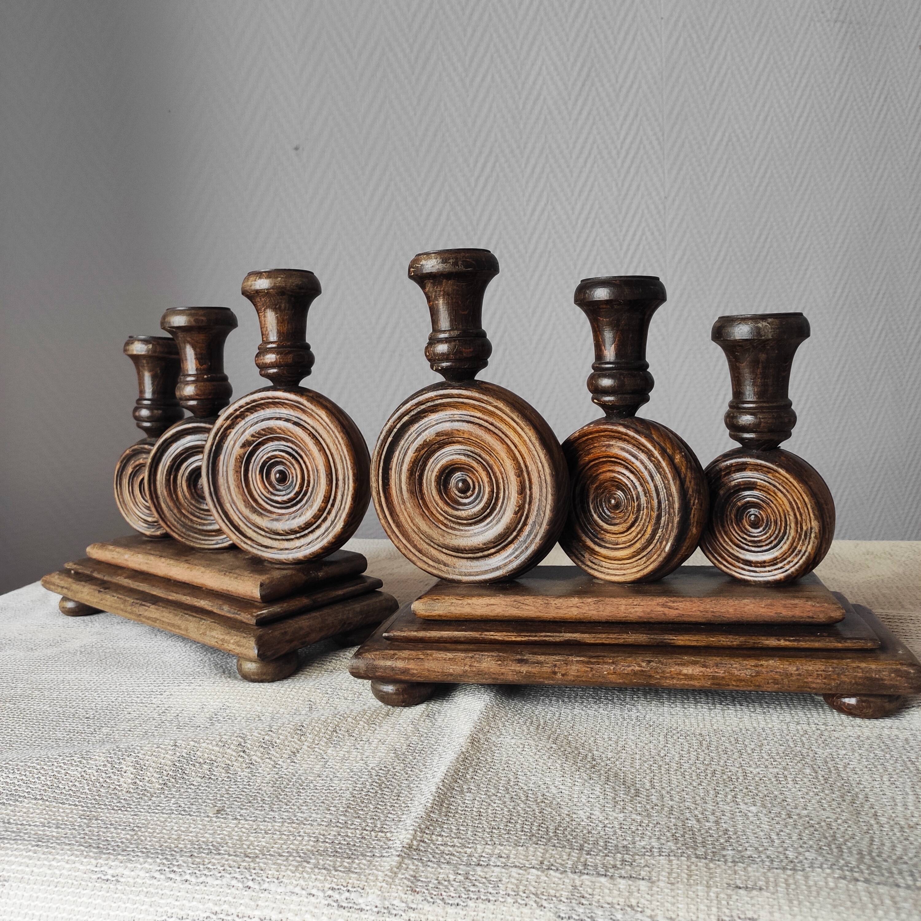 Brutalist turned wood candlestick holders – vintage 50s-60s
