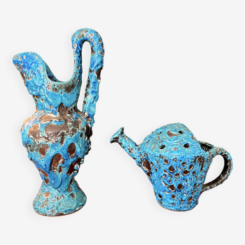 2 vases de charles cart en bleu turquoise fat lava cyclope, 1960s, emaux des glaciers cyclope
