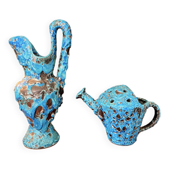 2 vases by charles cart in turquoise blue fat lava cyclops, 1960s, glacier enamels cyclops