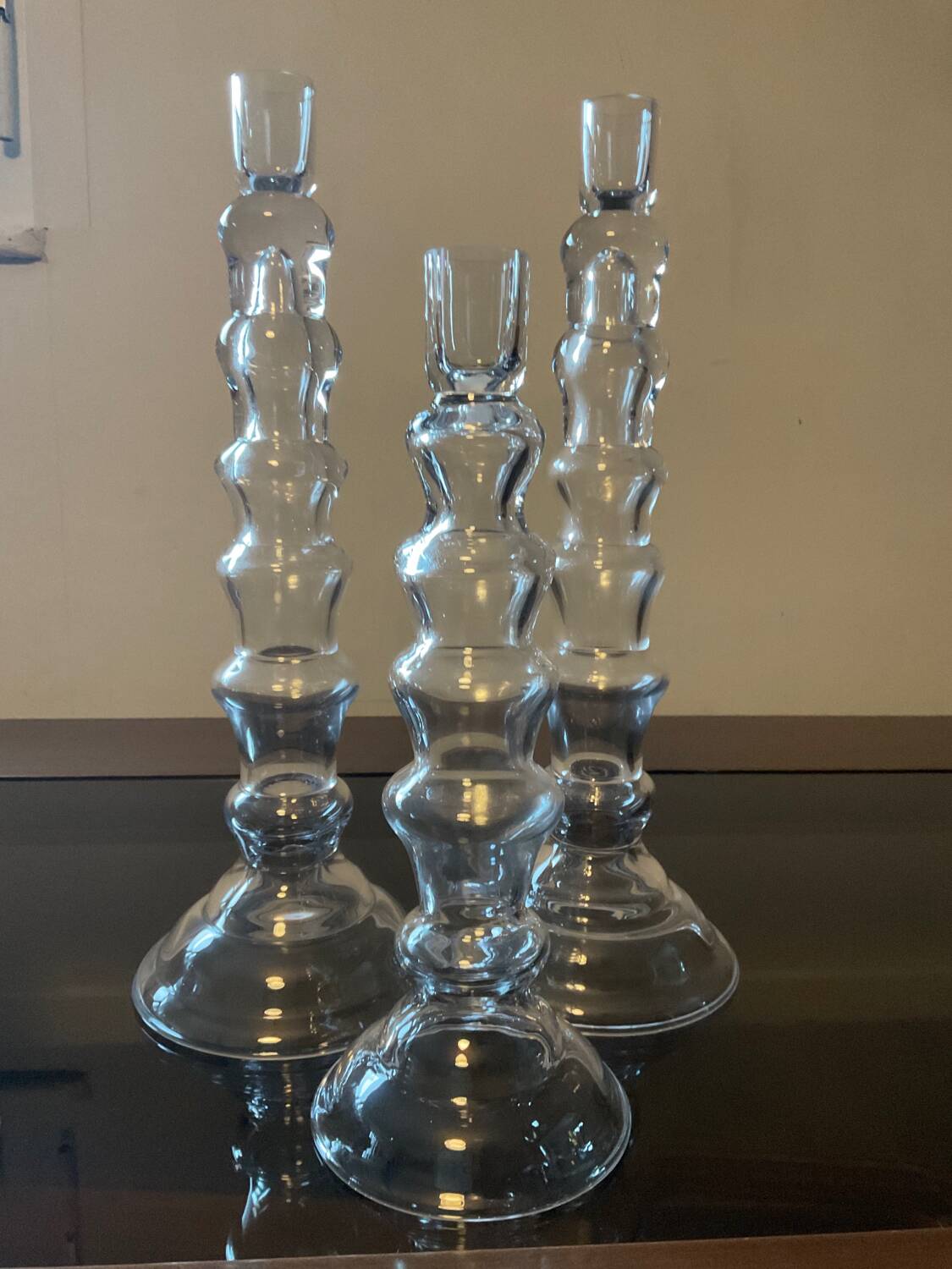 Trio of designer blown glass candle holders