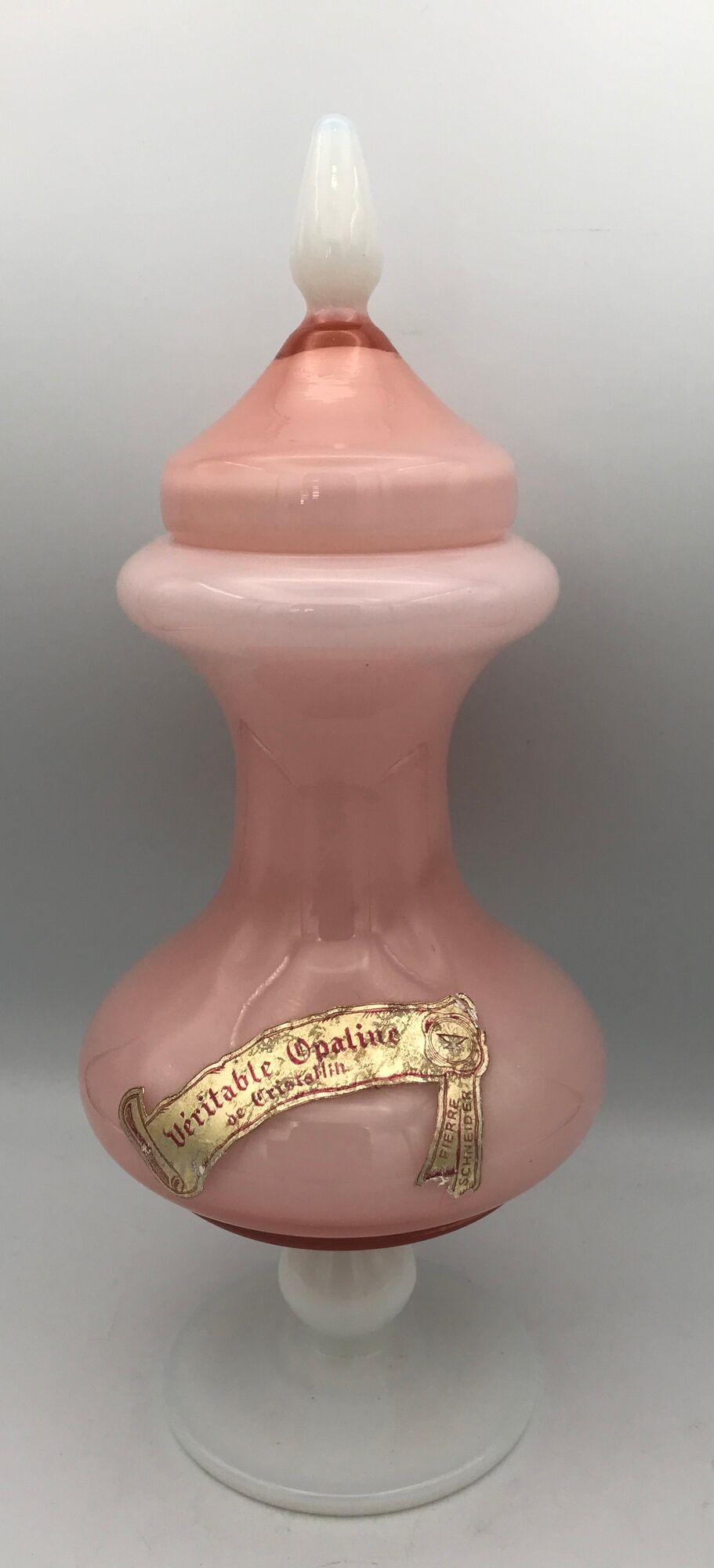 Old bonbonnière in opaline glass pink and white p. schneider 28 cm