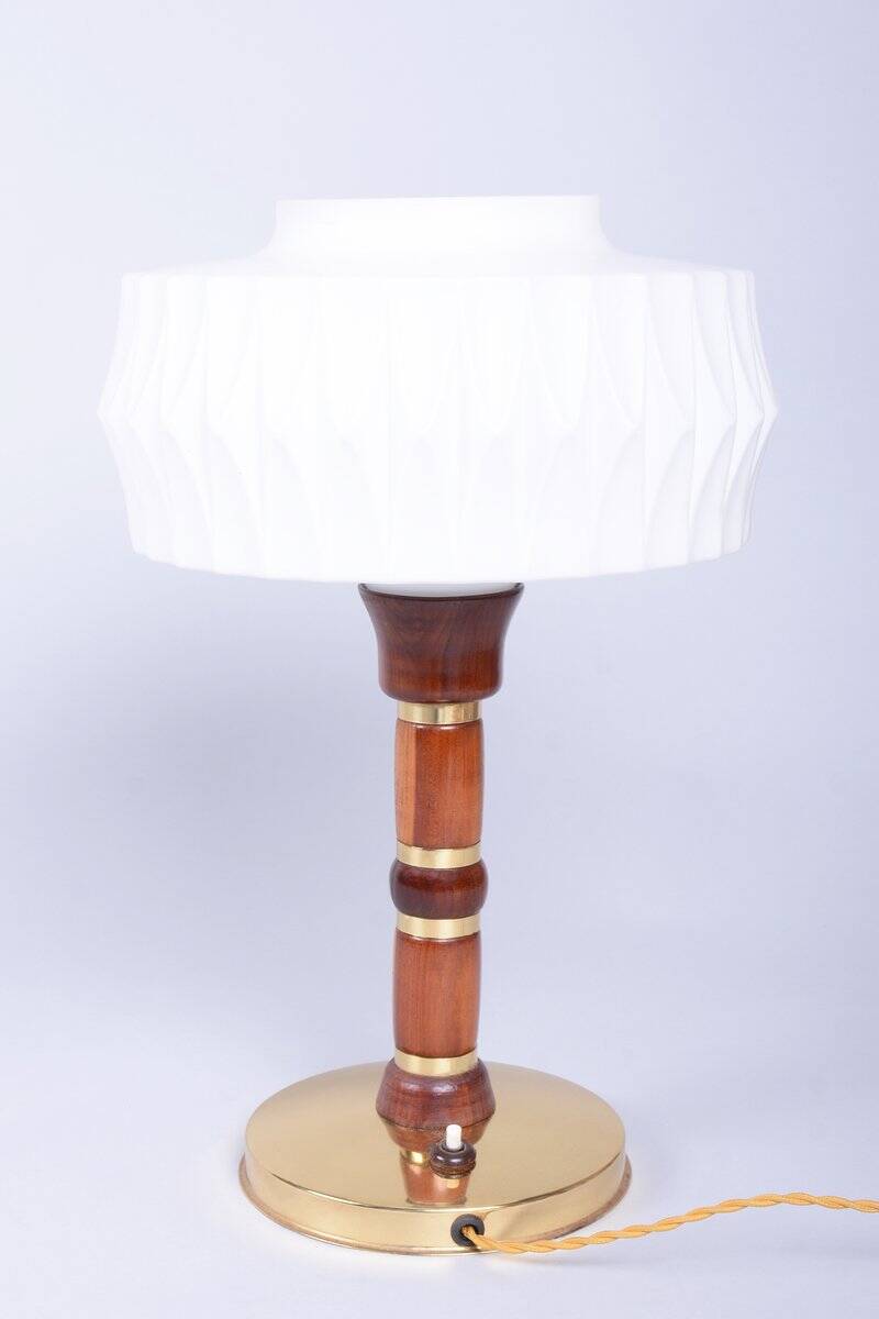 Mid-Century Table Lamp in Walnut, Brass and Glass, Czech, 1960s