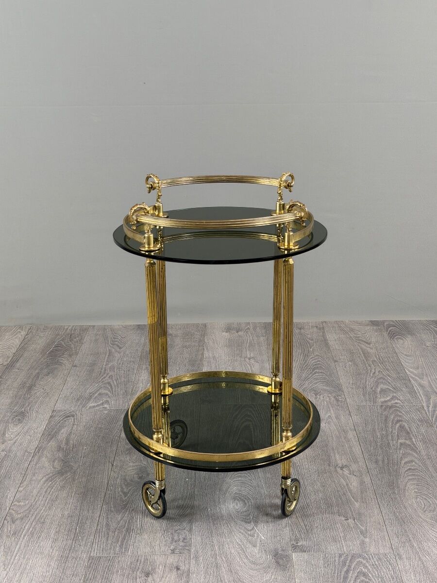 Rolling serving table in gold metal and smoked glass, 20th century