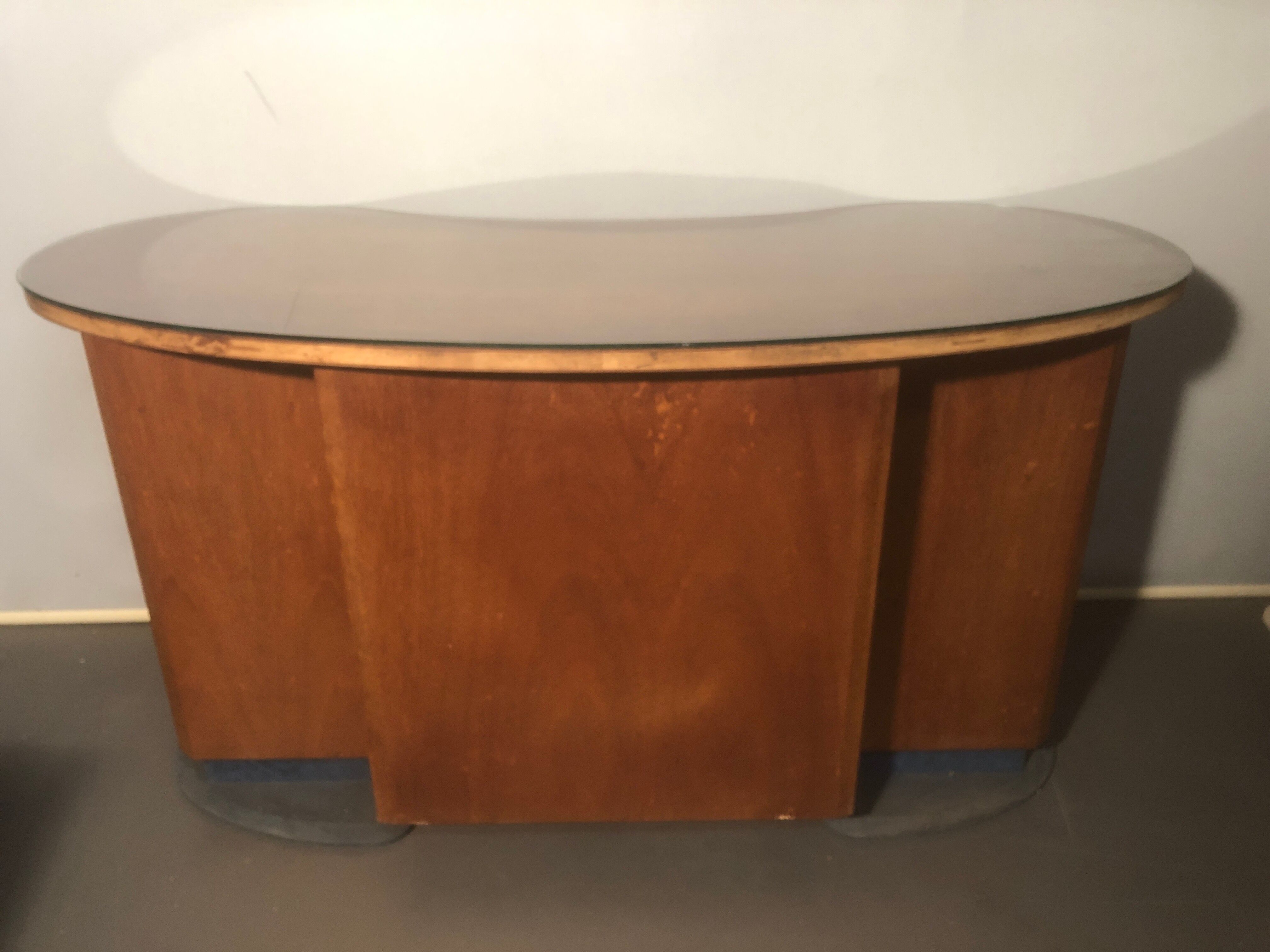 1940 desk in kidney shape with 8 drawers, 2 doors and footrest royere style