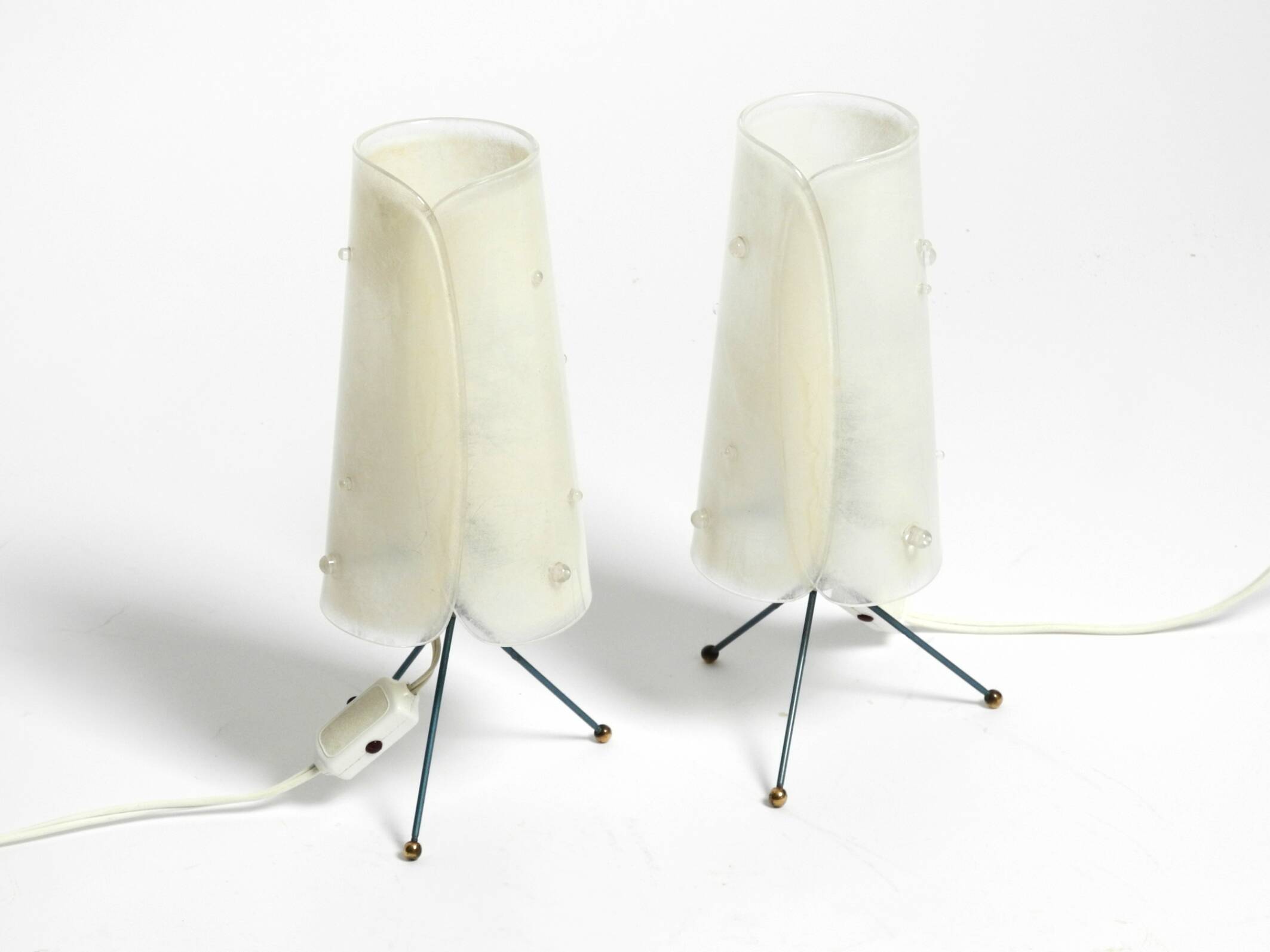 Two very Mid Century Modern tripod table lamps with white plexiglas shades