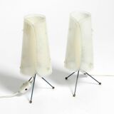 Two very Mid Century Modern tripod table lamps with white plexiglas shades