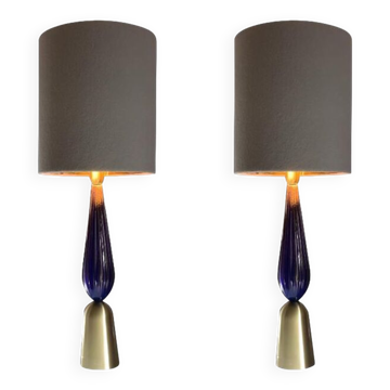 Lot of 2 gold and blue murano glass table lamp